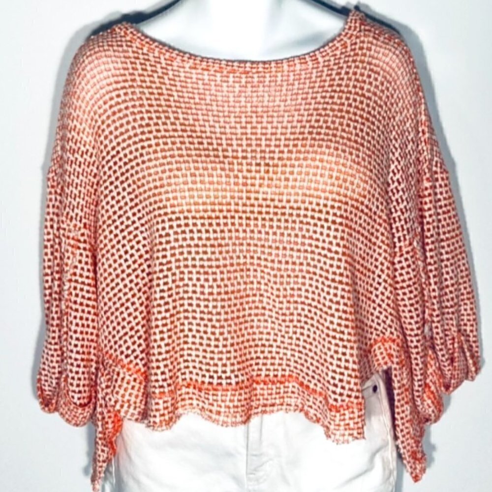 Umgee Oversized Orange & White open weave geometric pattern lightweight sweater